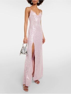 Staud Kezia Pink Sequin Lace Trim Slip Maxi Dress Formal Gown Slit Lined Size M